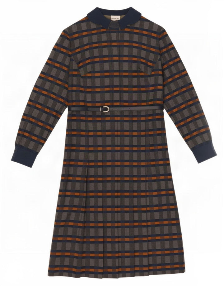 Vestido feminino vintage manga comprida linha A IT 42 poliéster xadrez cinza médio