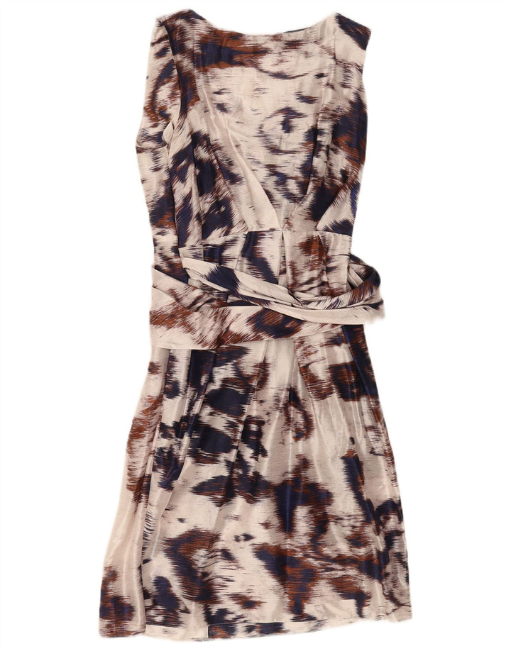 Vestido feminino vintage com bainha com padrão abstrato Reino Unido 14 médio off white