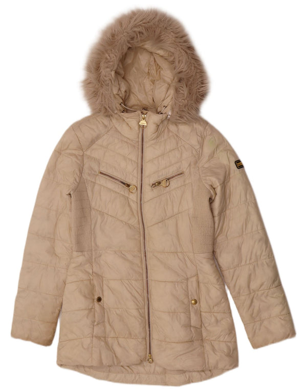 Casaco acolchoado com capuz feminino Barbour UK 10 pequeno bege poliamida