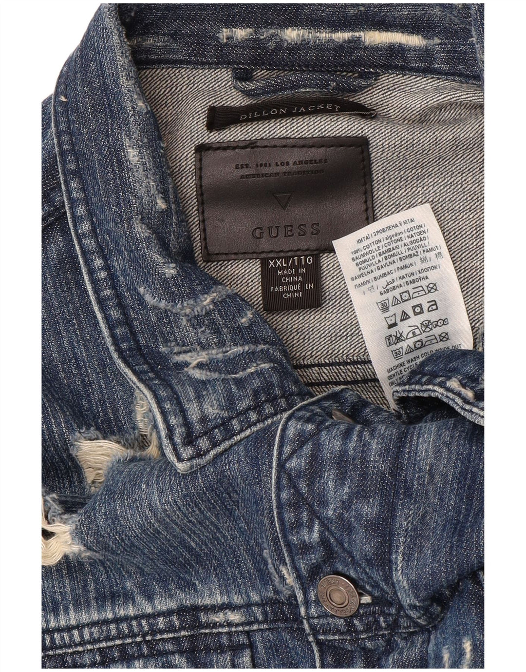 Jaqueta jeans masculina Guess Dillon Graphic Distressed Reino Unido 44 2XL algodão azul