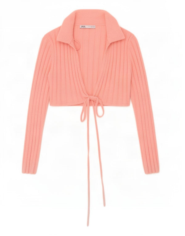 Cardigã feminino Zara com gravata frontal e amarração frontal UK 10 pequeno rosa nylon