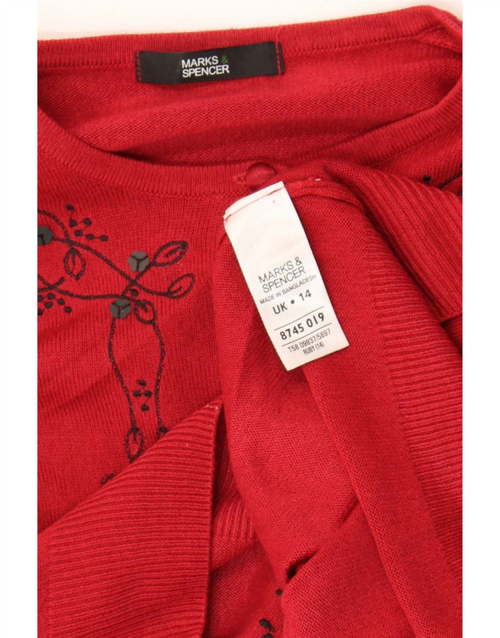 Suéter cardigã feminino Marks & Spencer Reino Unido 14 acrílico floral vermelho médio