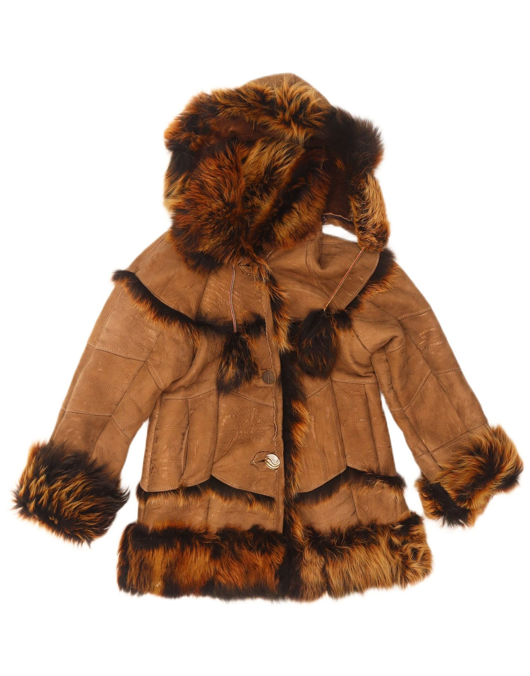 Jaqueta vintage feminina com capuz shearling 7-8 anos marrom