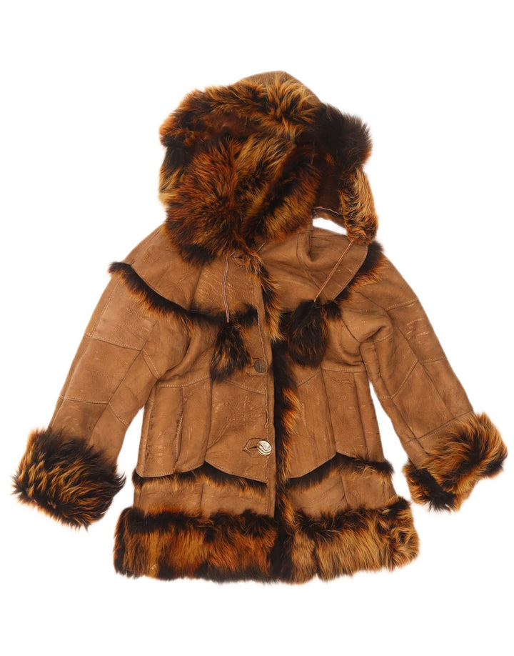 Jaqueta vintage feminina com capuz shearling 7-8 anos marrom