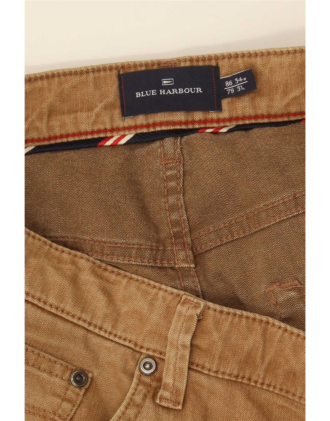Calça jeans reta masculina Marks & Spencer Blue Harbor W34 L31 algodão bege