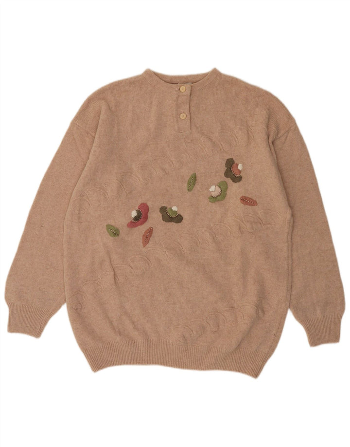 Suéter feminino VINTAGE com gola redonda e botão UK 14 médio bege floral