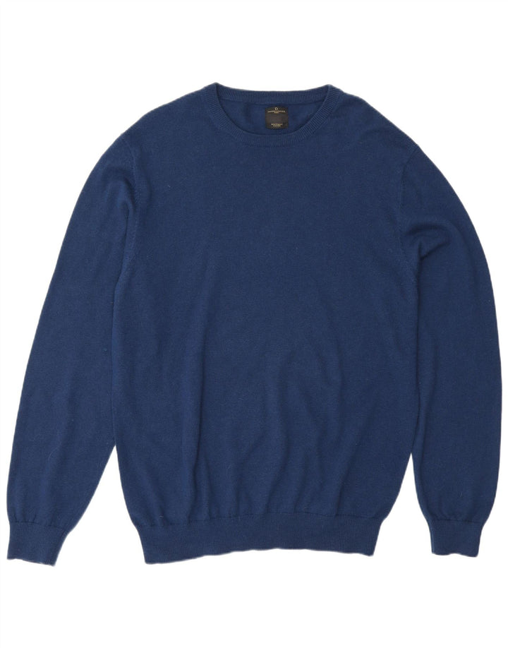 Suéter vintage masculino com gola redonda, grande algodão azul