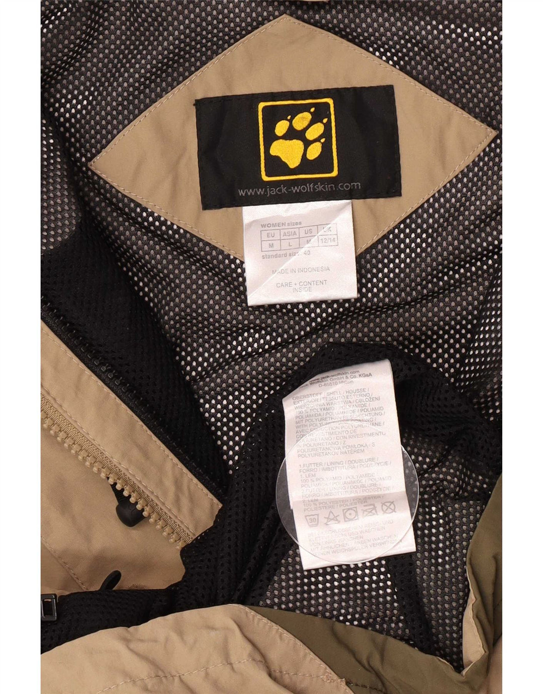 Jaqueta de chuva feminina com capuz Jack Wolfskin Reino Unido 12/14 bloco colorido bege médio