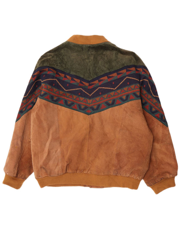 Jaqueta bomber masculina vintage de camurça solta ajuste Reino Unido 38 médio bege geométrico