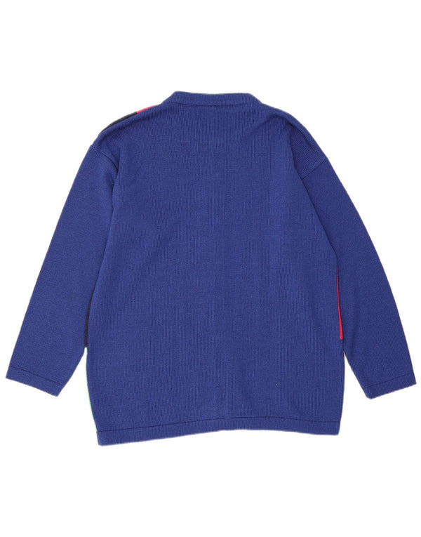 Suéter cardigã feminino vintage Reino Unido 16 grande algodão colorblock azul
