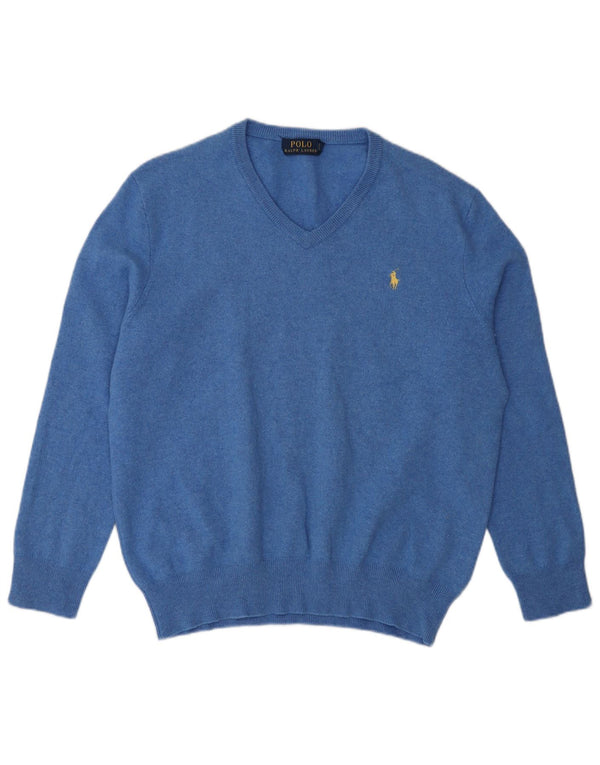 Suéter feminino Polo Ralph Lauren com decote em V UK 18 XL lã Merino azul