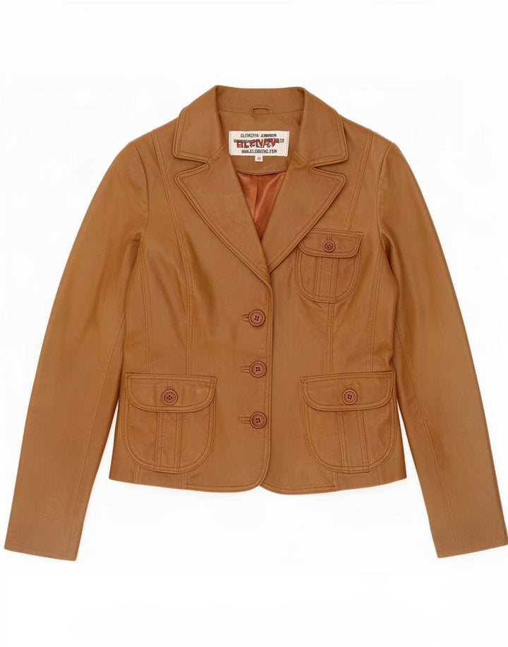 Jaqueta Blazer Feminina Blend de Couro com 3 Botões EU 38 Marrom Médio