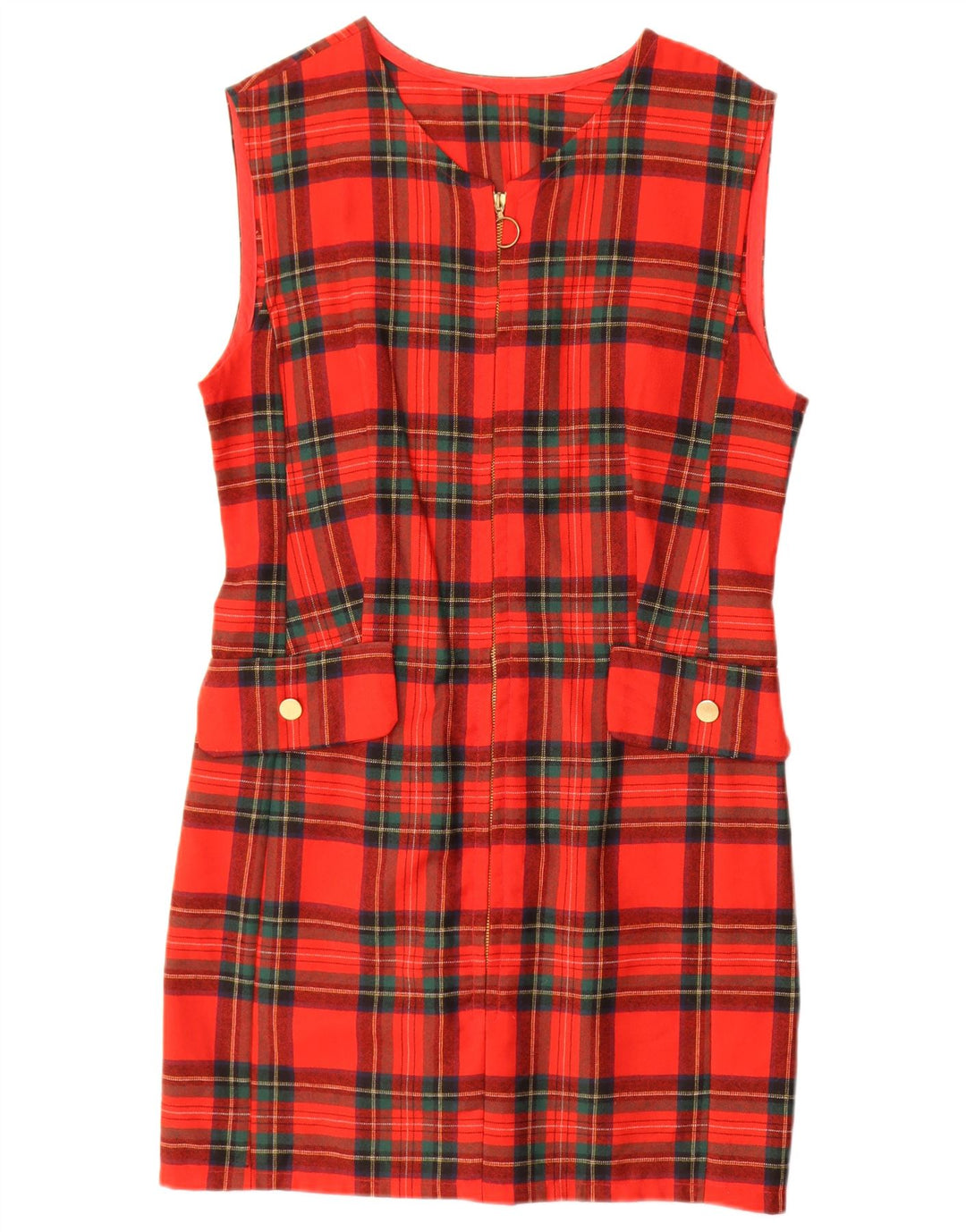 Vestido feminino vintage sem mangas com bainha UK 14 xadrez vermelho médio