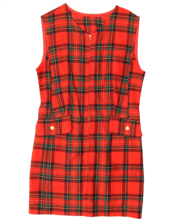 Vestido feminino vintage sem mangas com bainha UK 14 xadrez vermelho médio