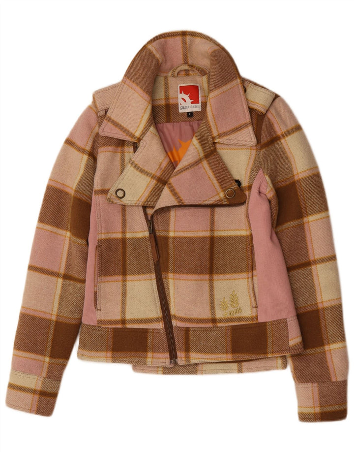 Sobretudo curto feminino UK 10 pequeno acrílico xadrez multicolorido