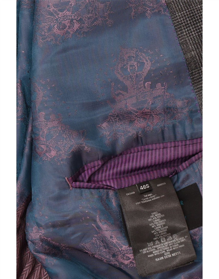 Jaqueta blazer masculina de 2 botões Ted Baker Reino Unido 46 3XL lã xadrez cinza