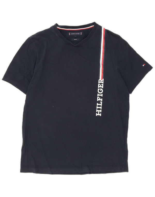 Tommy Hilfiger Camiseta masculina regular fit gráfica top pequeno listrado azul marinho