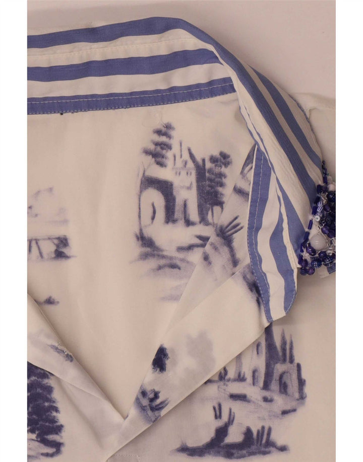 Blusa feminina vintage com padrão abstrato UK 16 grande branca