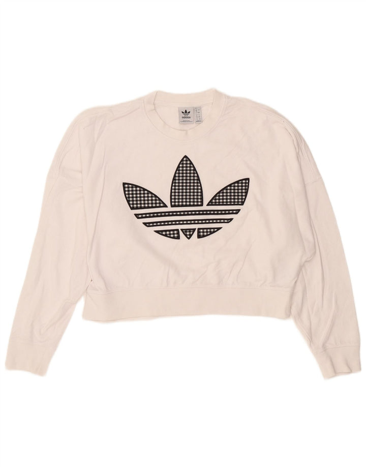 ADIDAS Womens Oversized Crop Graphic Moletom Jumper UK 8 Pequeno Branco