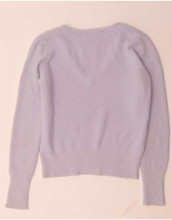 Suéter feminino Zara com decote em V e gola V UK 10 pequeno roxo nylon