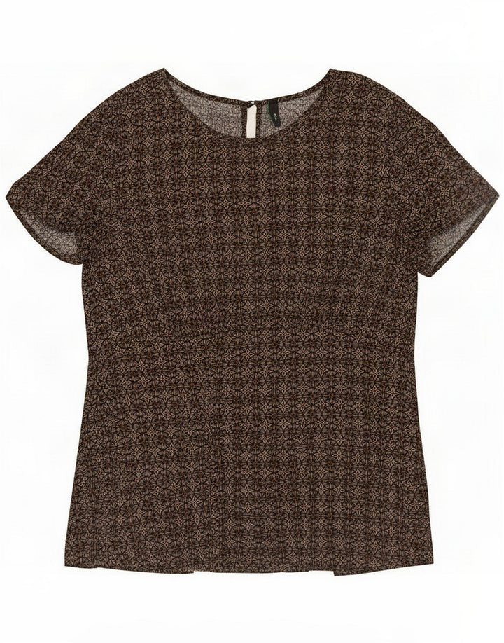 Blusa feminina com padrão abstrato Benetton UK 14 grande marrom geométrico