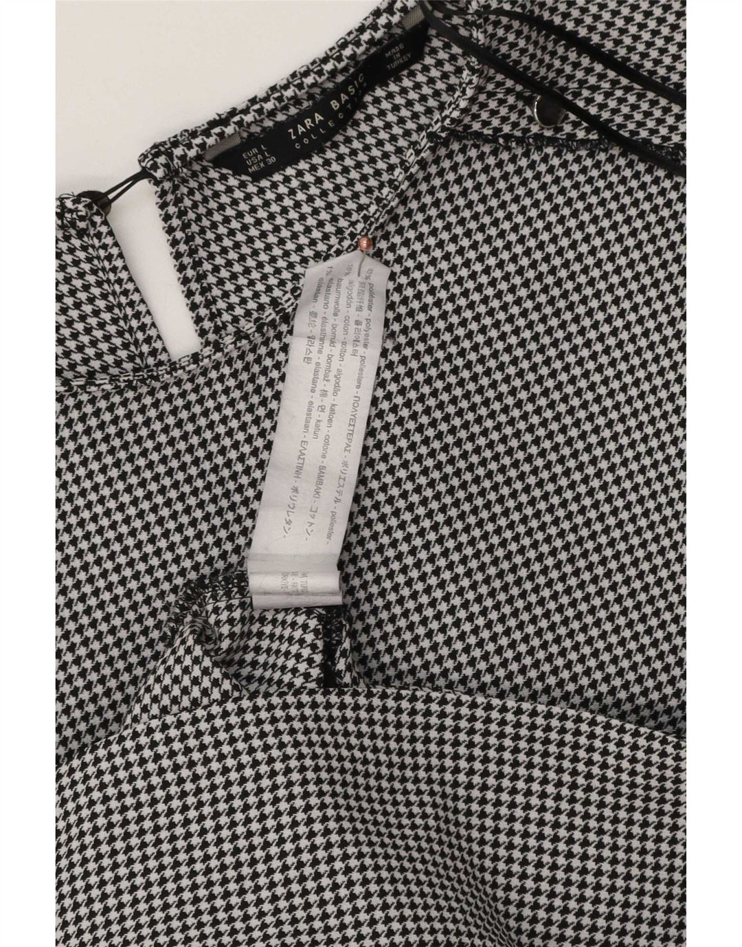 Vestido feminino Zara manga 3/4, Reino Unido 16, grande, preto, houndstooth, poliéster