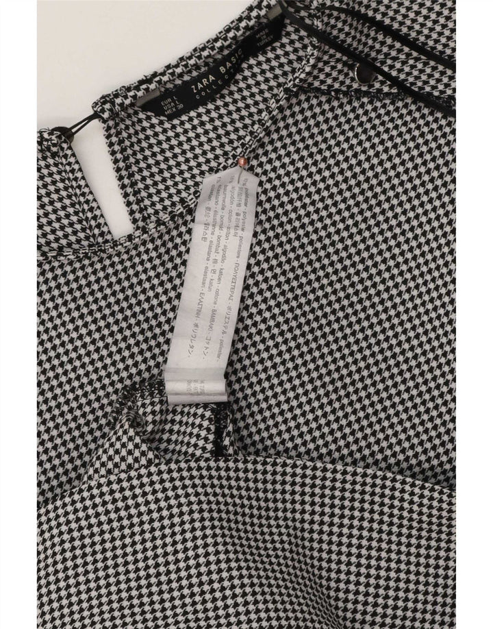 Vestido feminino Zara manga 3/4, Reino Unido 16, grande, preto, houndstooth, poliéster