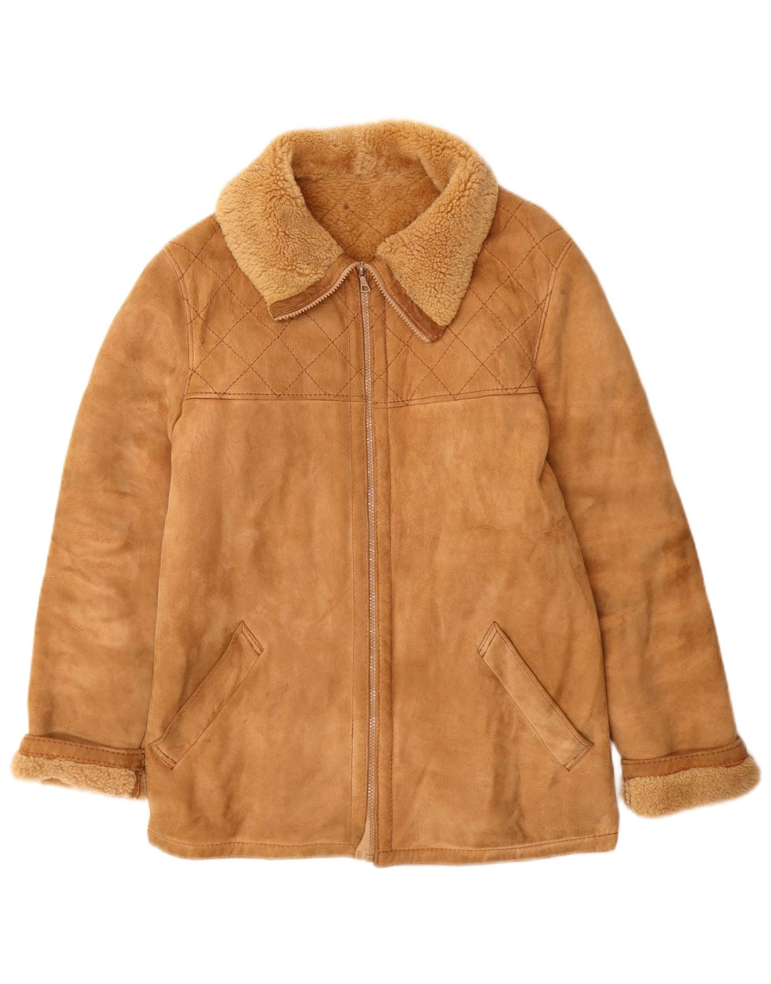 Jaqueta feminina vintage de shearling IT 46 grande couro bege