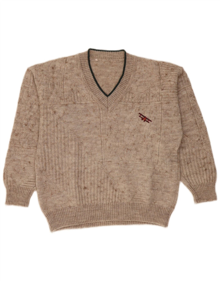 Suéter masculino vintage com decote em V médio bege