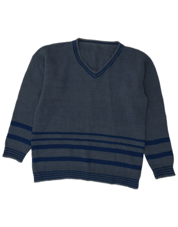 Suéter masculino VINTAGE com decote em V grande listrado azul