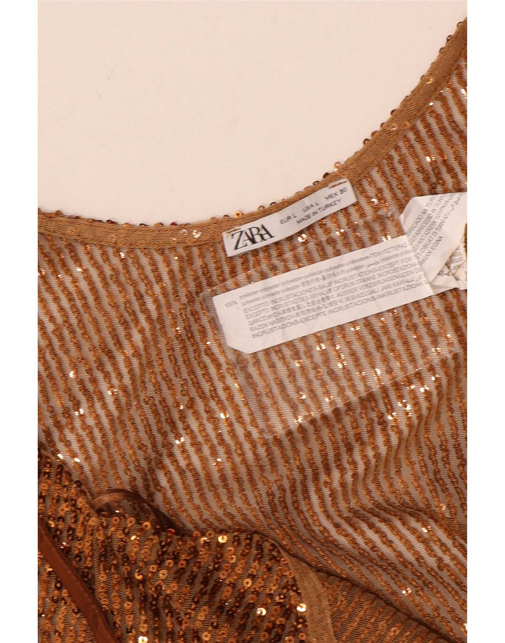 Zara Womens Sequin Crop Top UK 14 Grande Marrom Poliéster