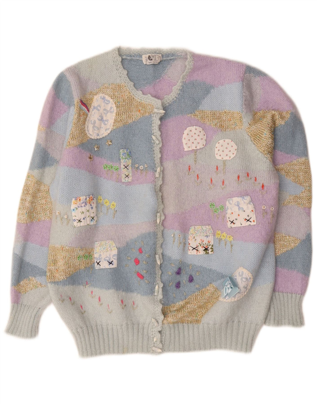 Suéter cardigã feminino vintage UK 14 médio novidade multicolorida