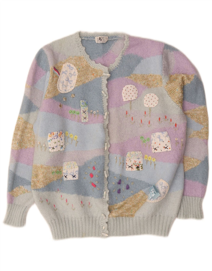 Suéter cardigã feminino vintage UK 14 médio novidade multicolorida