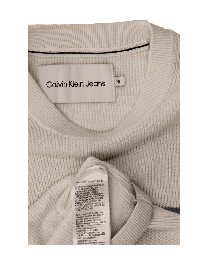 CALVIN KLEIN JEANS Mens Graphic Crew Neck Jumper Sweater XS Grey Cotton Vintage Calvin Klein Jeans and Second-Hand Calvin Klein Jeans from Messina Hembry 
