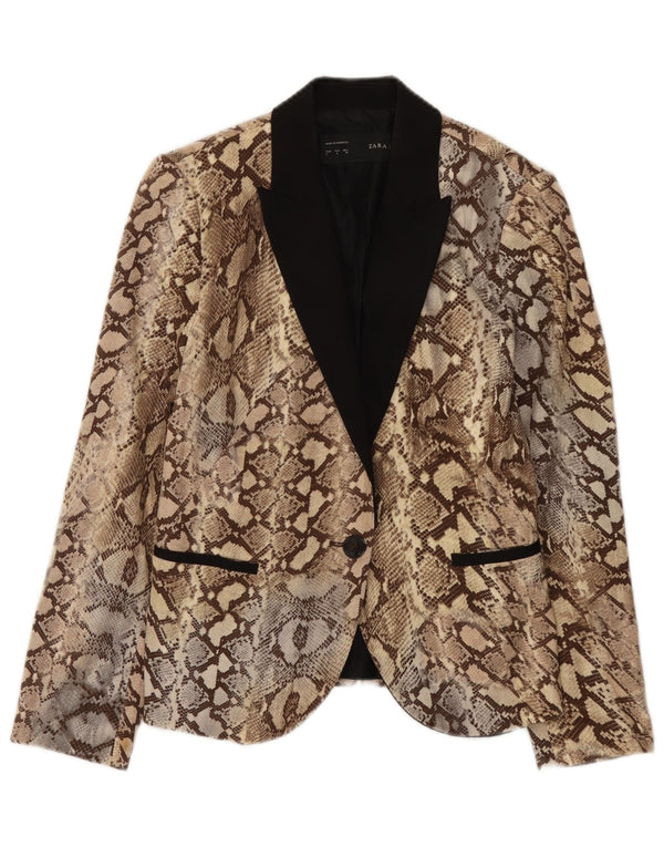 Jaqueta blazer feminina Zara com 1 botão Reino Unido 14 grande bege estampa animal algodão