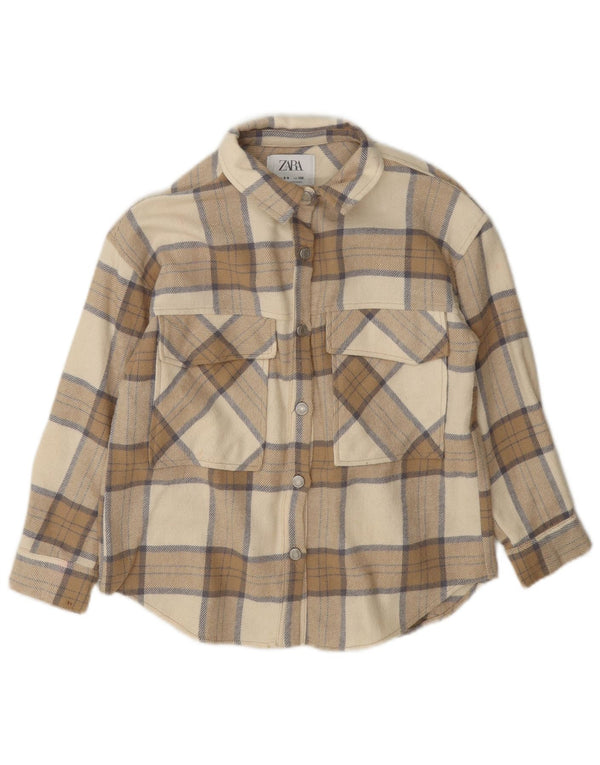 Zara Camisa feminina de flanela com overshirt 8-9 anos algodão xadrez bege