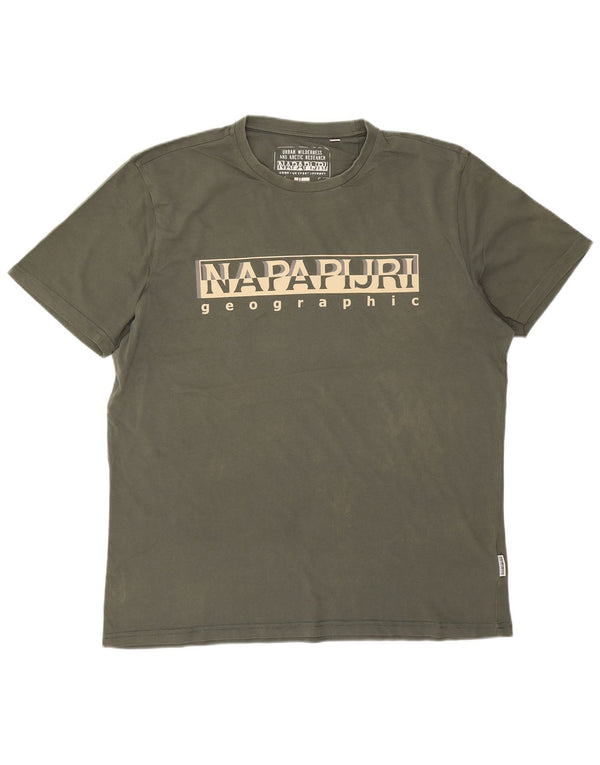 Camiseta gráfica masculina Napapijri Top 2XL logotipo de algodão cáqui