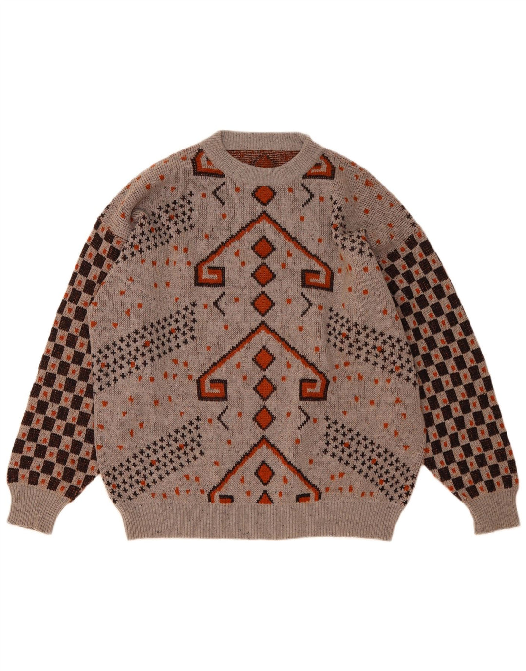 Suéter vintage masculino com gola redonda IT 52 grande lã geométrica cinza