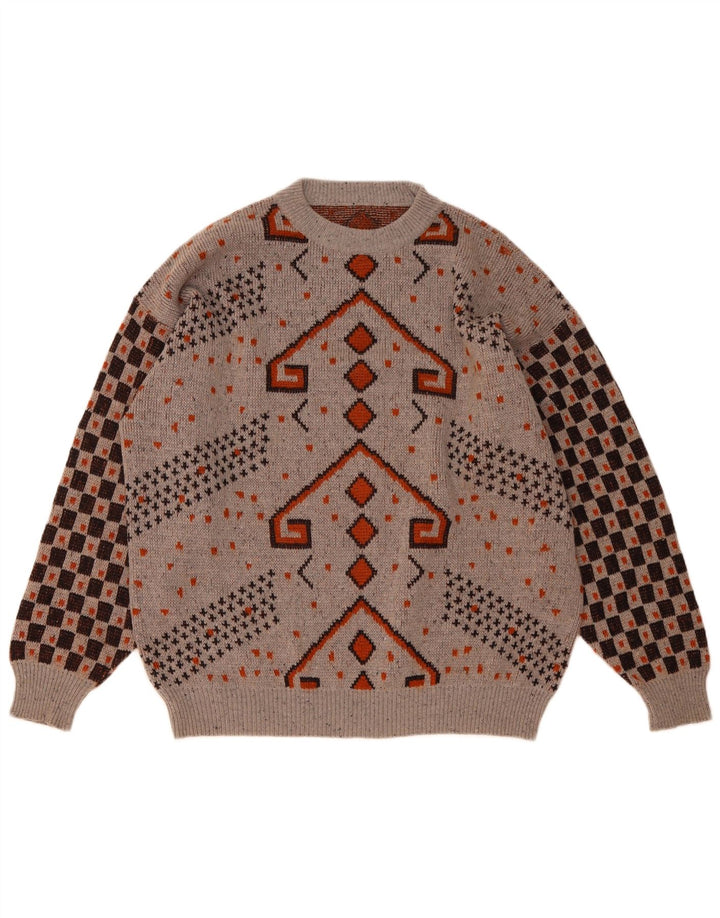 Suéter vintage masculino com gola redonda IT 52 grande lã geométrica cinza