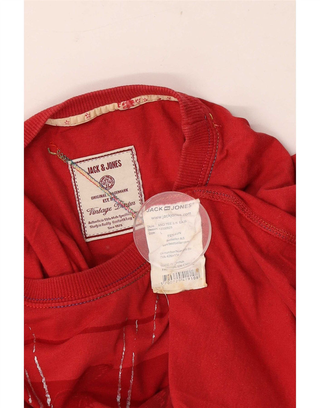 Jack & Jones Camiseta masculina gráfica de manga comprida grande algodão vermelho