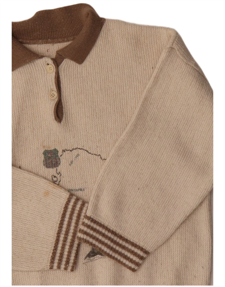 Suéter feminino VINTAGE com gola polo gráfica UK 16 grande off white