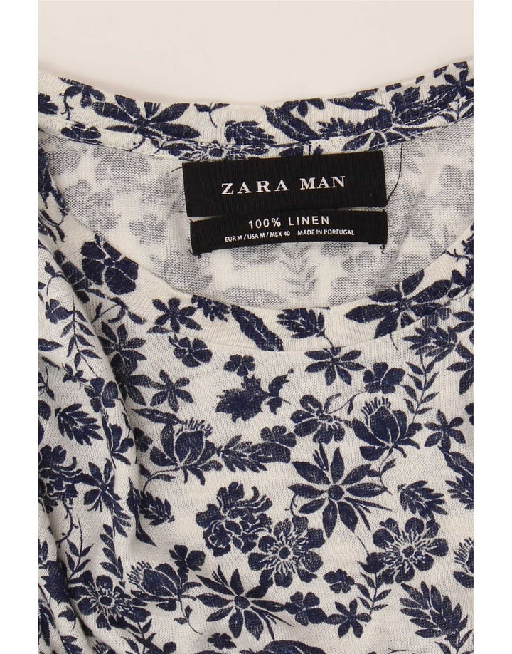 Zara Camiseta masculina Top Médio Branco Floral Linho
