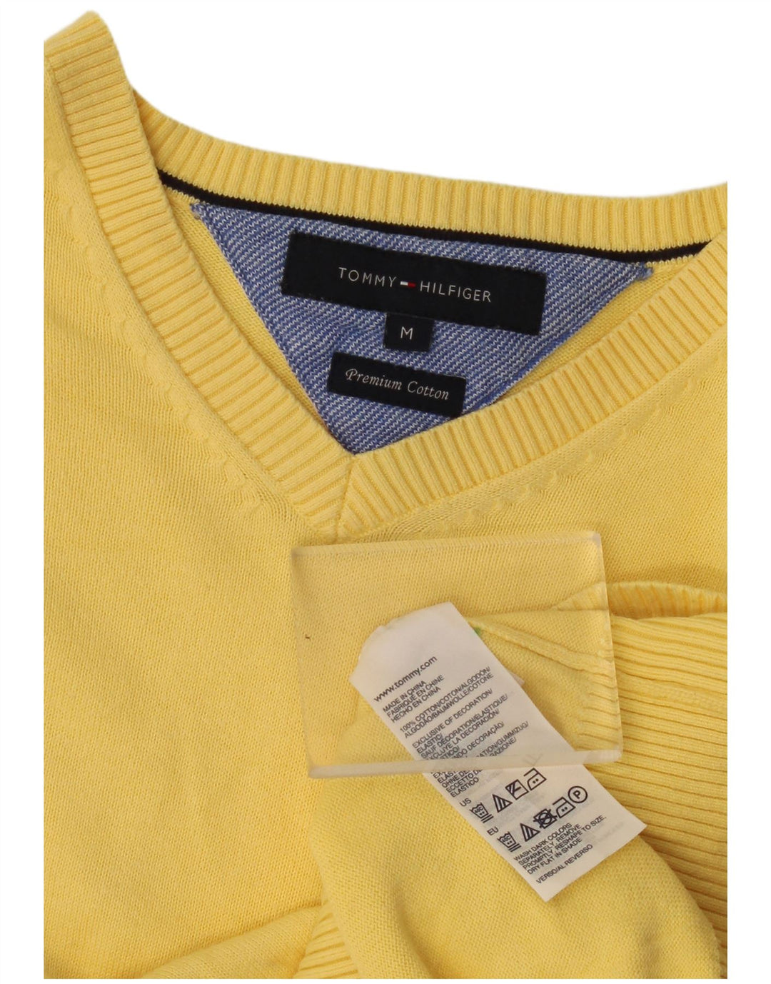 Suéter masculino Tommy Hilfiger com decote em V de algodão amarelo médio