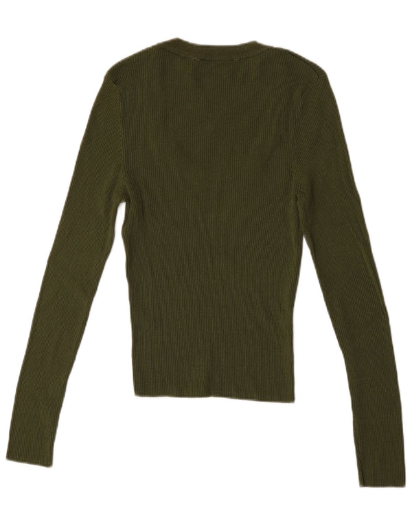 Top feminino Zara de manga comprida UK 14 grande viscose cáqui