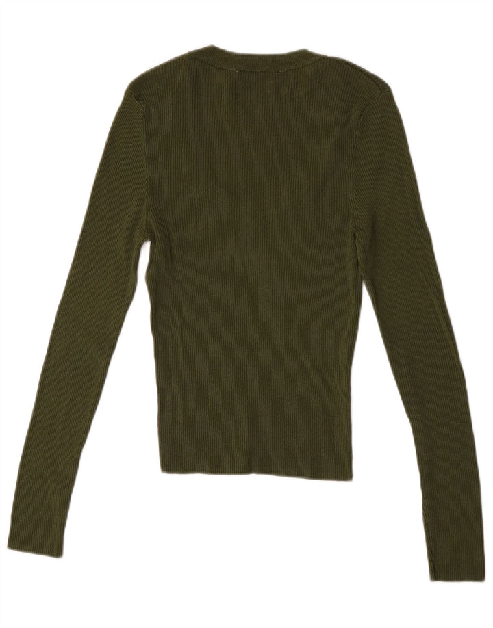 Top feminino Zara de manga comprida UK 14 grande viscose cáqui
