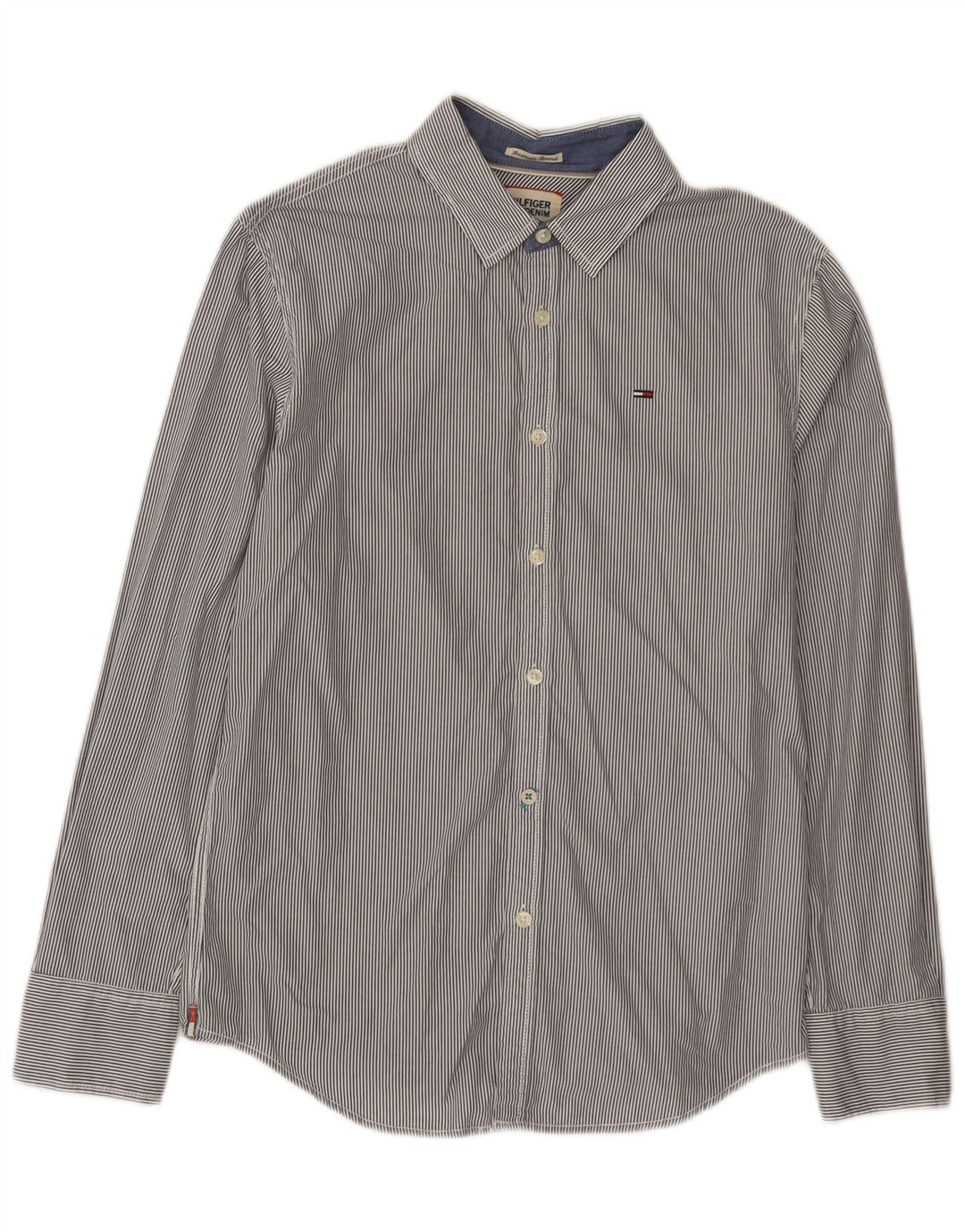 Camisa masculina Tommy Hilfiger pequena listrada azul marinho de algodão