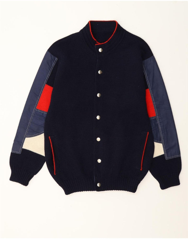 Suéter cardigã masculino vintage médio azul marinho colorblock