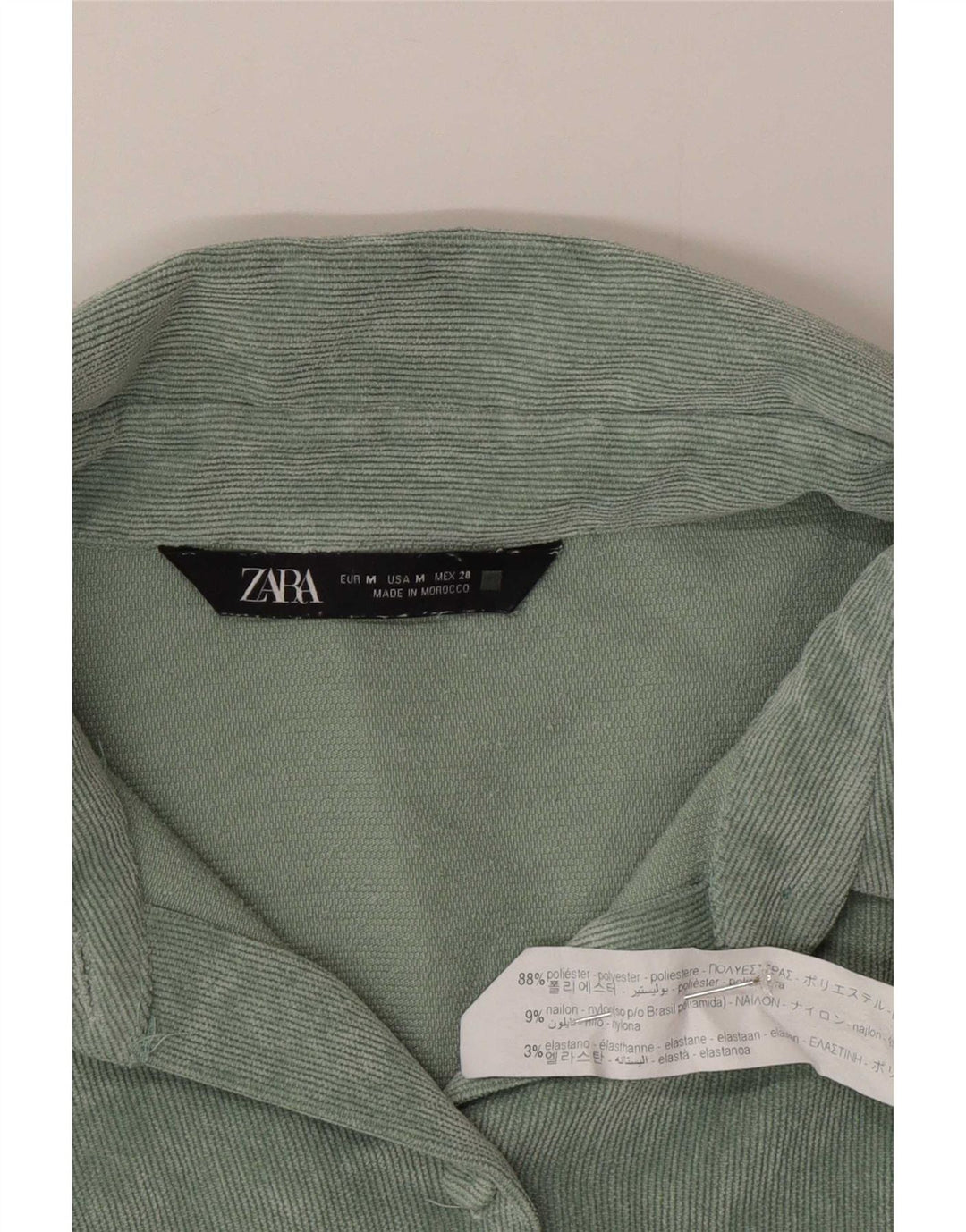 Camisa feminina de veludo cotelê Zara UK 14 poliéster verde médio