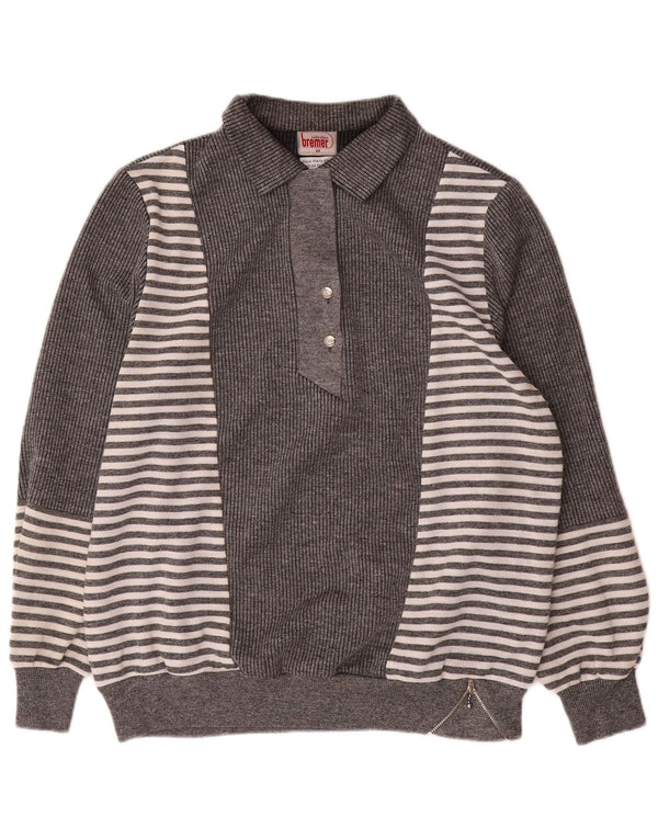 Suéter feminino vintage com gola polo EU 44 XL cinza listrado