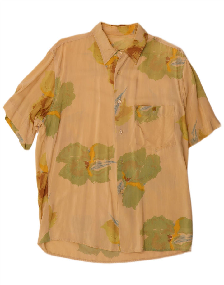 Camisa masculina vintage manga curta médio bege floral
